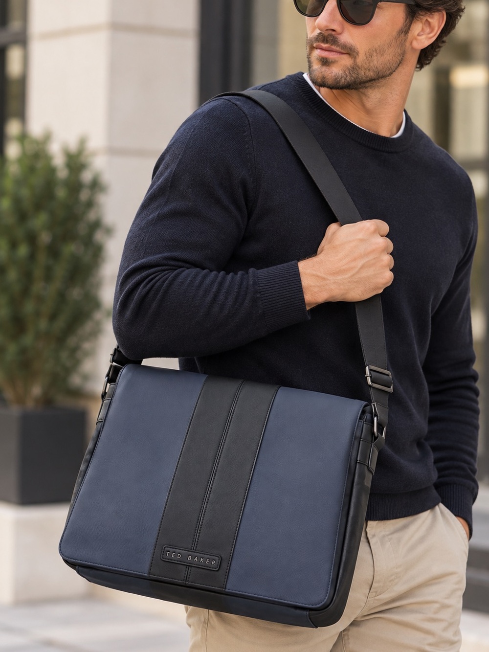 Ted Baker London NWT Twill PU Messenger Bag Navy Black